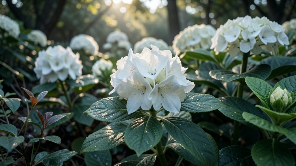 White Azaleas With Blue Hydrangeas