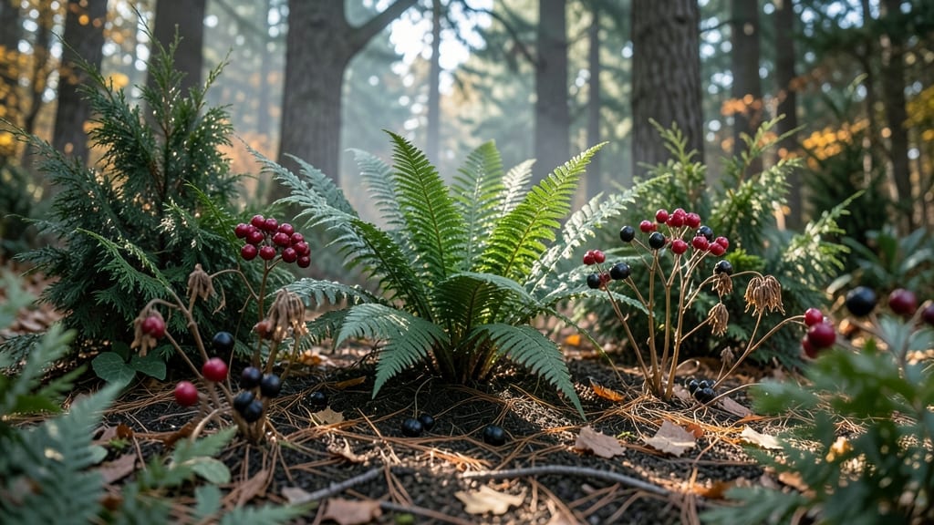 Evergreen Ferns with Fall Berries