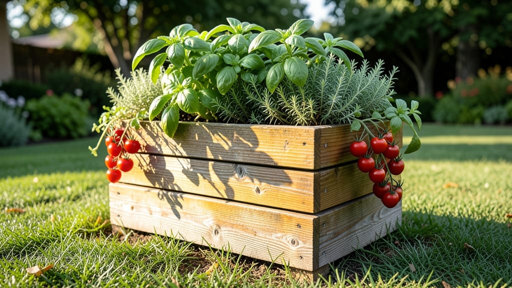Raised Wooden Planter with Herbs and Edibles