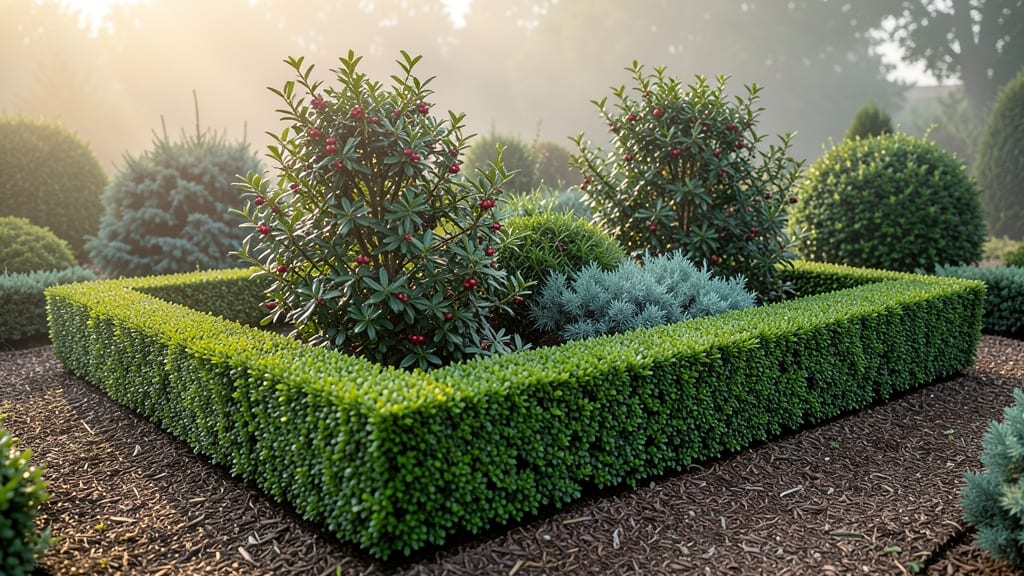 Evergreen Foundation with Boxwood Borders