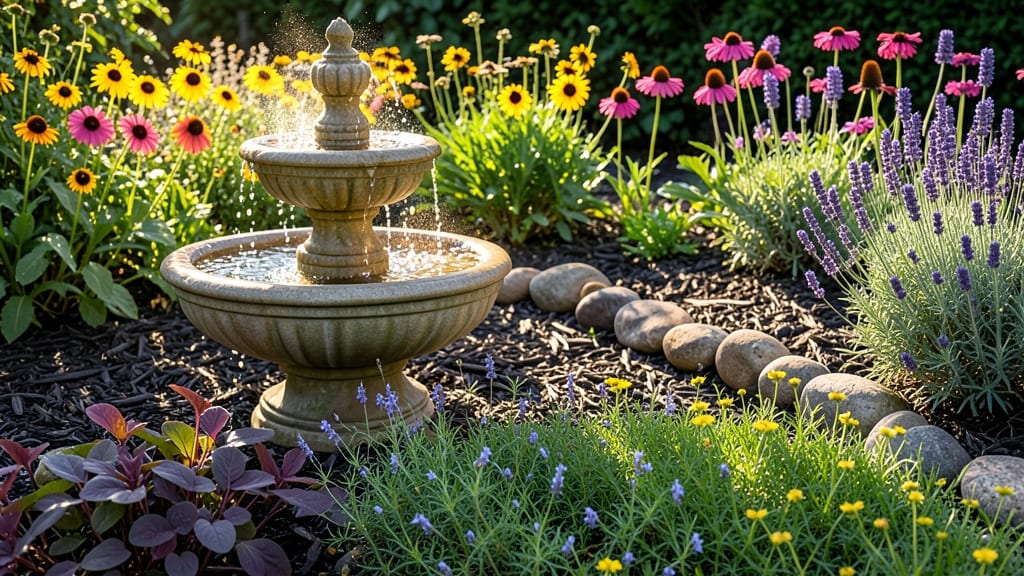 Flower Bed With Fountain: Serene Water Feature That Elevates Garden Beauty