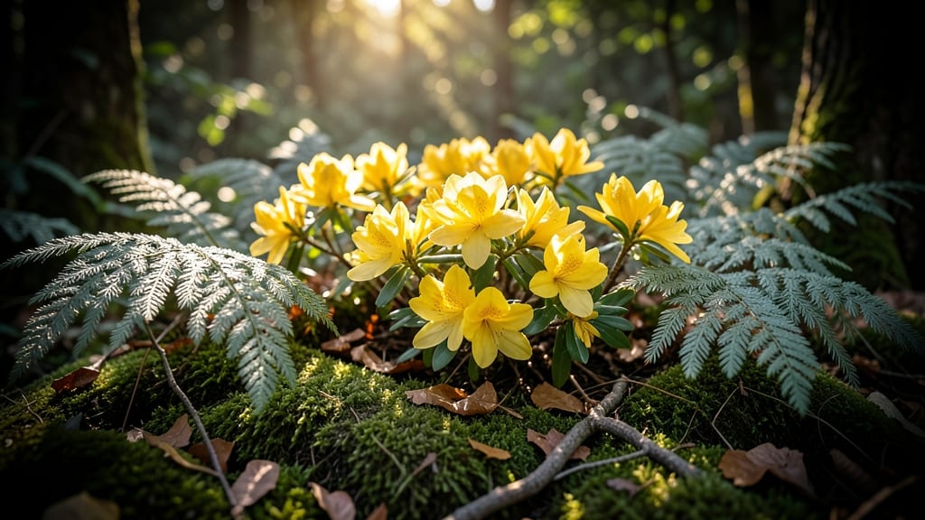 Yellow Azaleas With Ferns And Moss