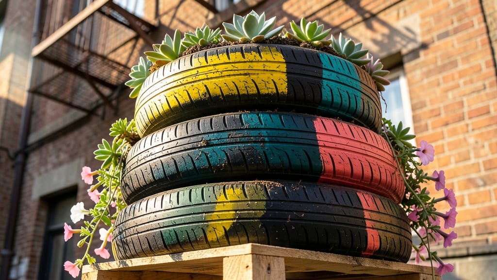 Tire Planters with Vertical Gardens