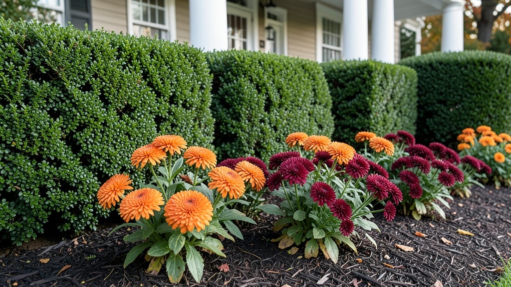 Mums and Boxwood Foundation Planting