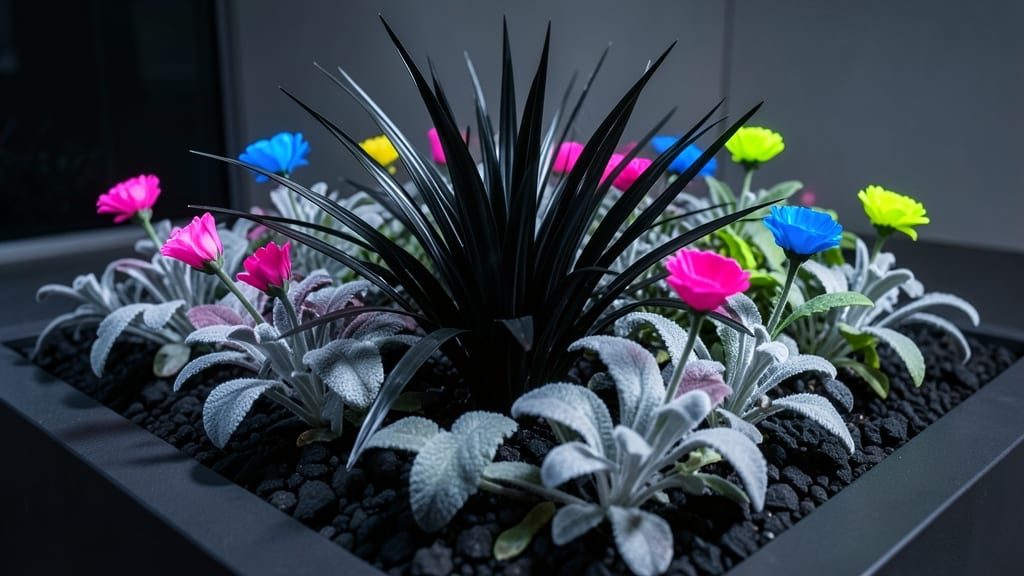 Neon Accent Flower Beds with Black and White Foliage