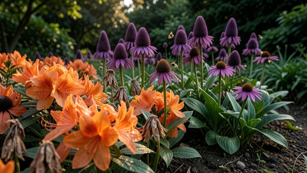 Orange Azaleas And Purple Coneflowers