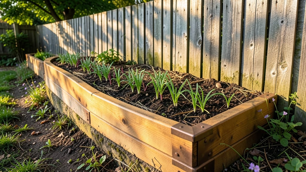 Curved Cedar Raised Bed Along Sloped Fence