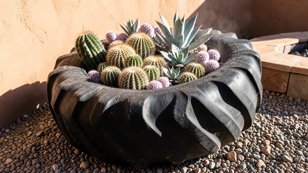 Tire Planter with Desert Cacti