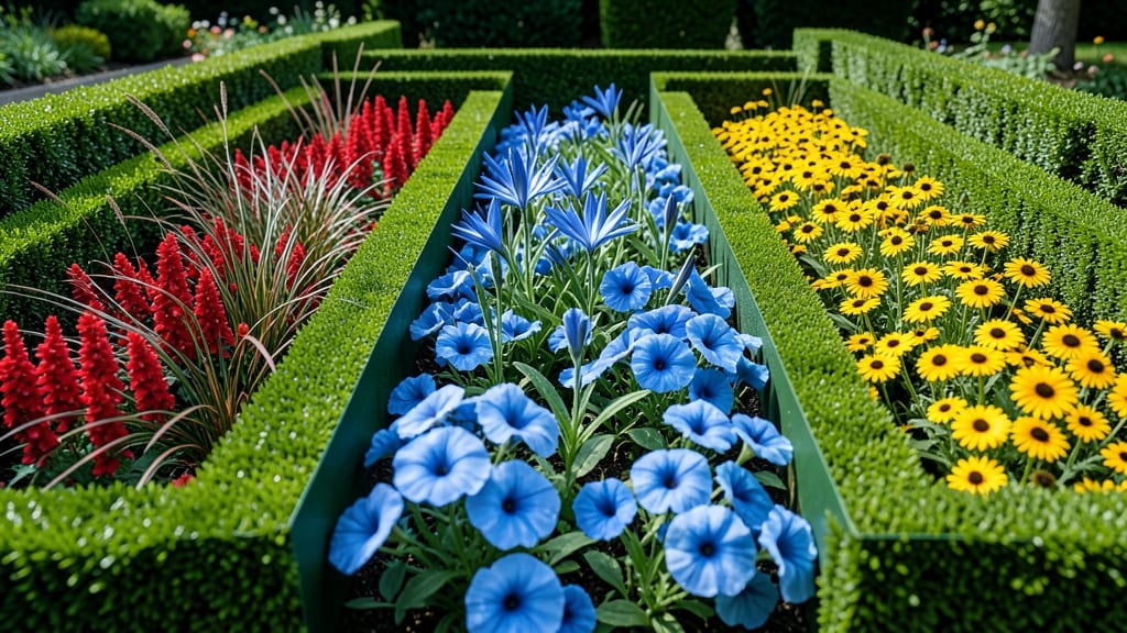 Bold Color Blocking with Primary Hues and Boxwood Edging