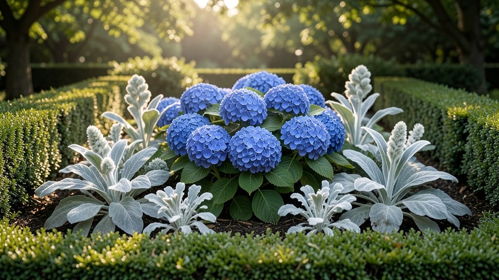 Classic Blue Hydrangeas with Silver Foliage