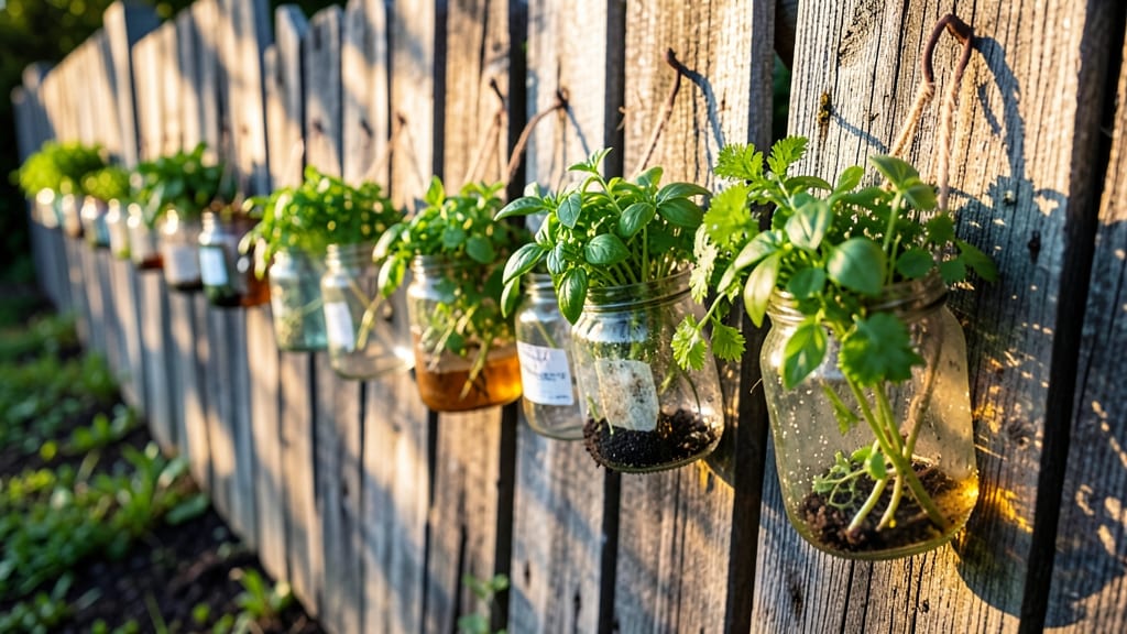 Glass Jar Window Boxes on Fence