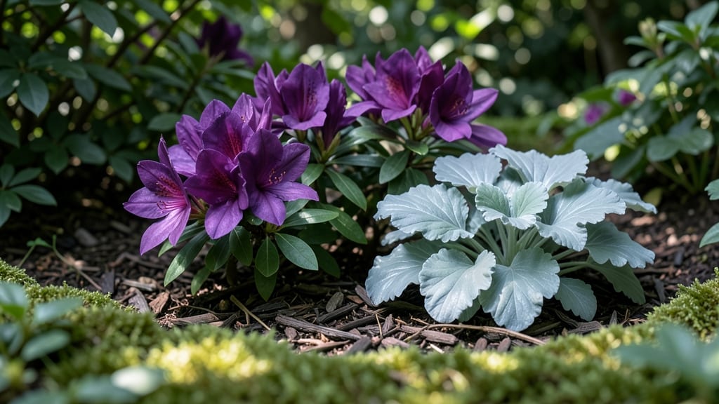 Deep Purple Azaleas With Silver Foliage Heuchera