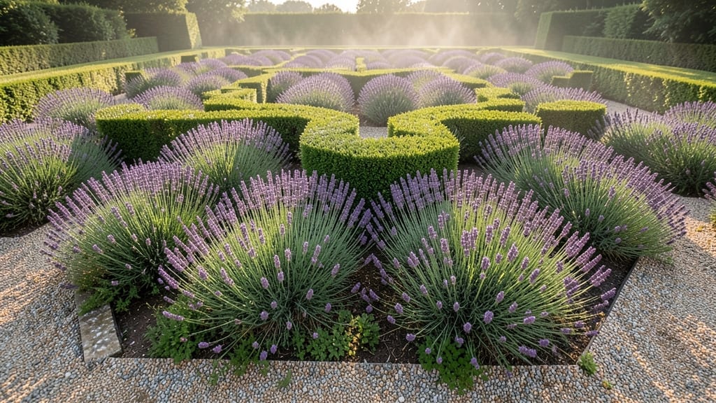 Lavender and Boxwood Topiary Beds