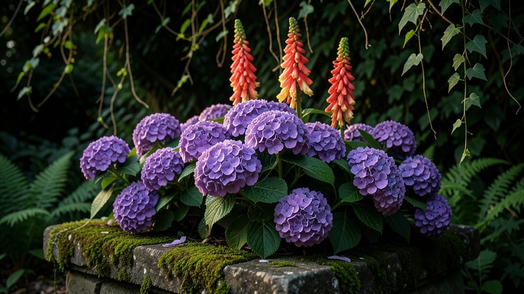 Deep Purple Hydrangeas with Coral Bells