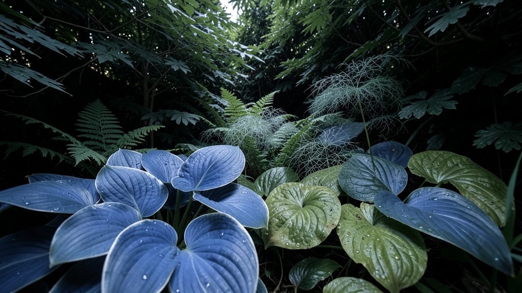 Hostas with Fern Fronds Layering