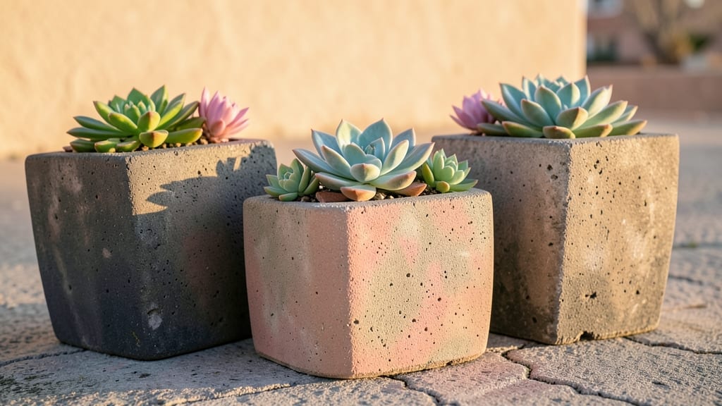 Mixed-Tone Concrete Planters with Succulents and Echeverias