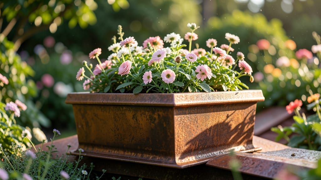 Copper Roof Garden Planters with Seasonal Blooms