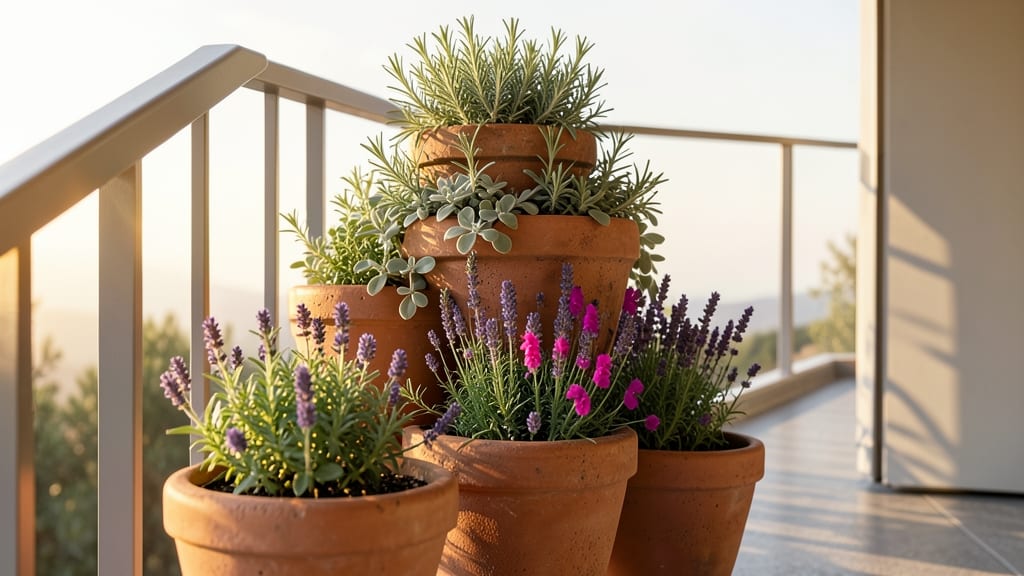 Terracotta Pot Pyramid with Mediterranean Herbs and Flowers