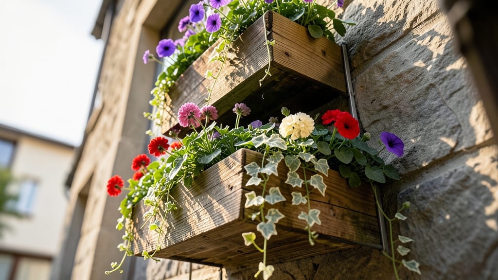 Tiered Wooden Planter Boxes with Mixed Annuals