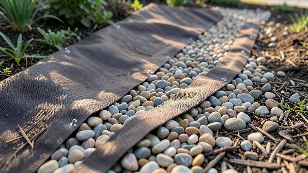 Landscape Fabric and Pebble Border