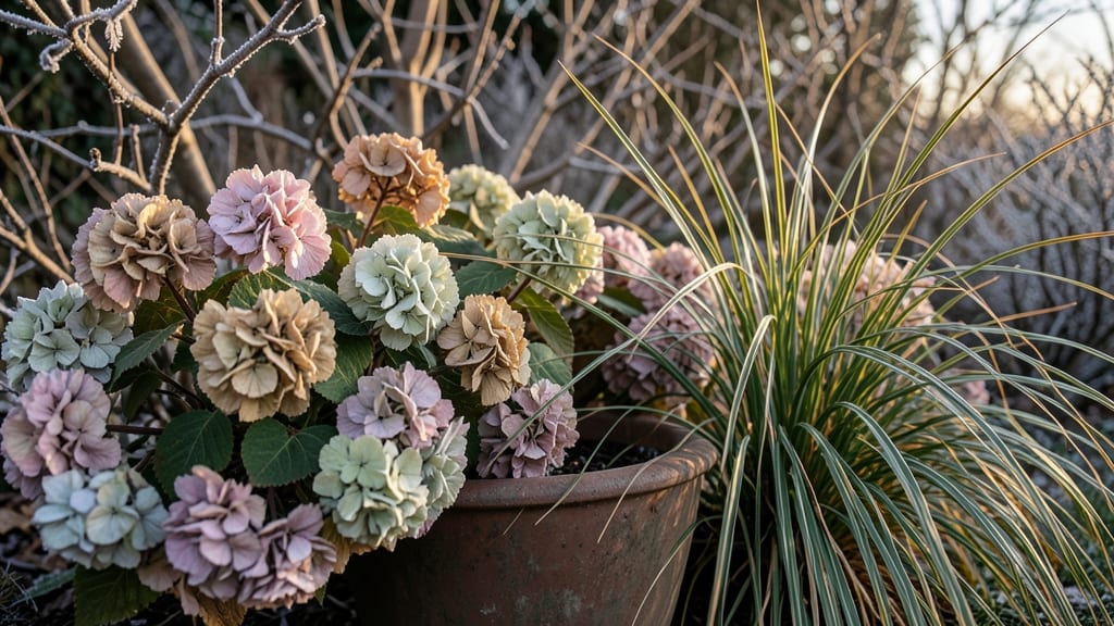 Dried Hydrangea Arrangement with Ornamental Grasses