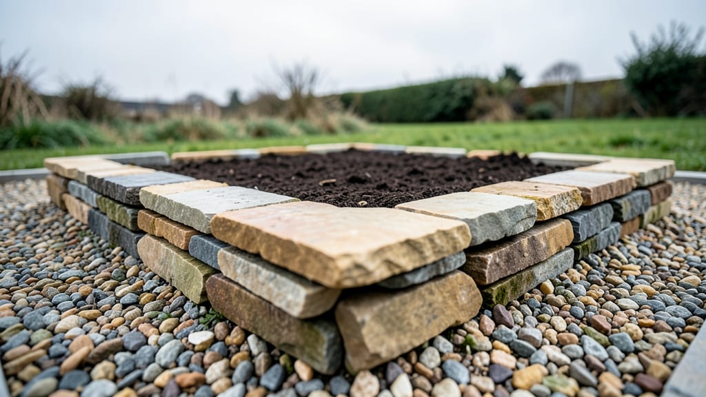 Stone Bordered Raised Beds With Gravel Base