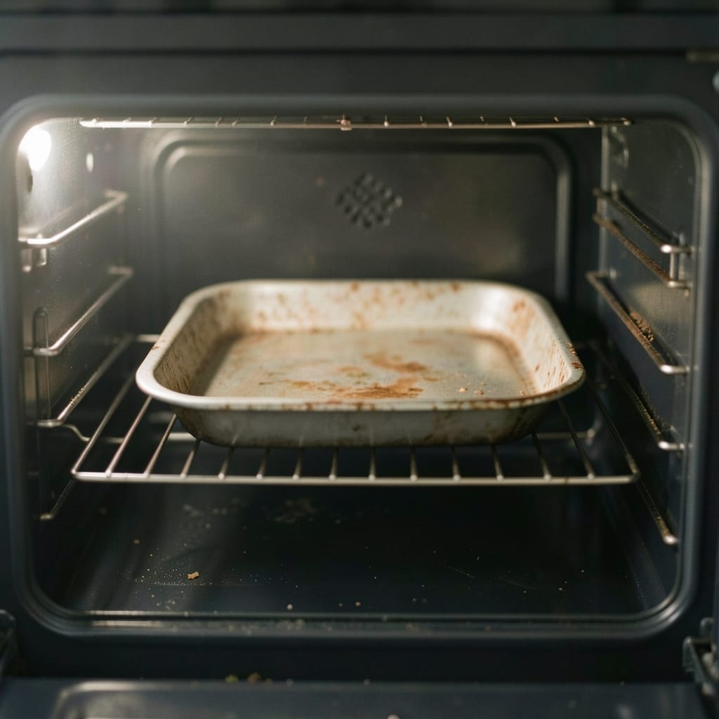 An ordinary home oven with one tin in it