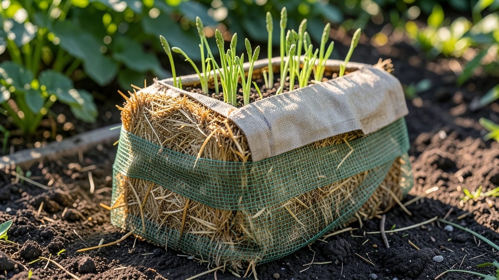Straw Bale Asparagus Planter with Netting