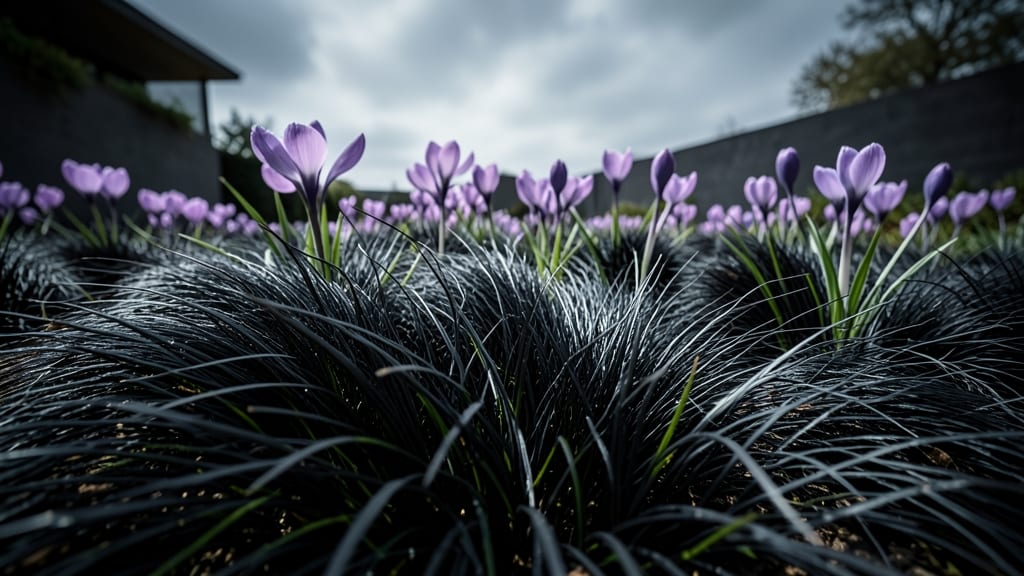 Black Mondo Grass and Fall Crocus