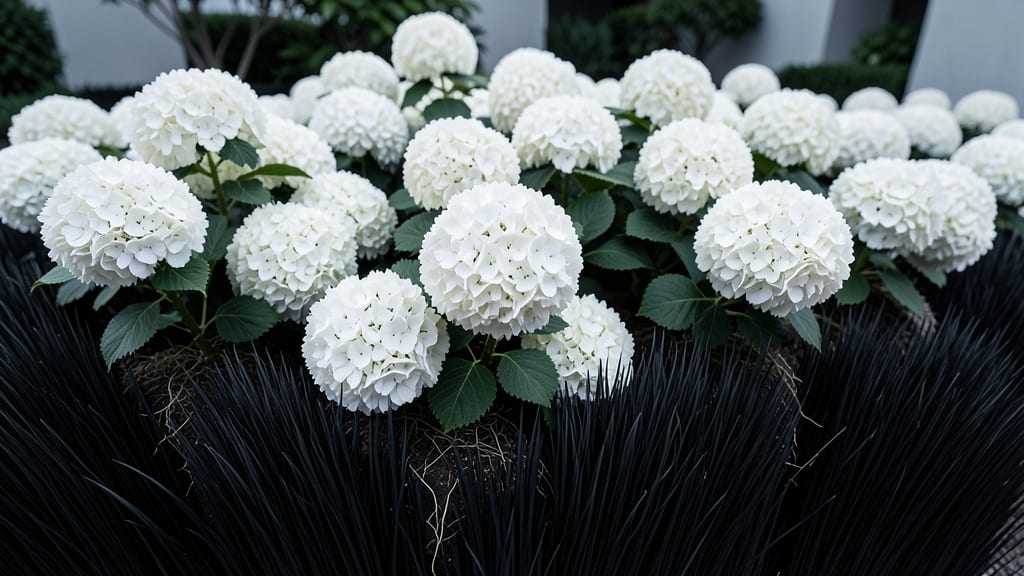 White Hydrangeas with Black Mondo Grass