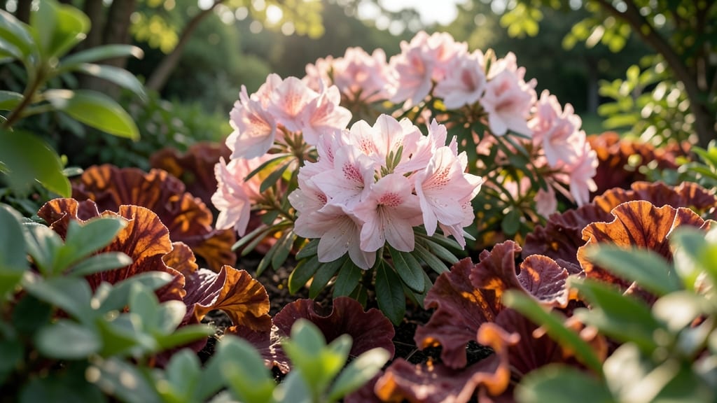 Pink Azaleas And Coral Bells Heuchera