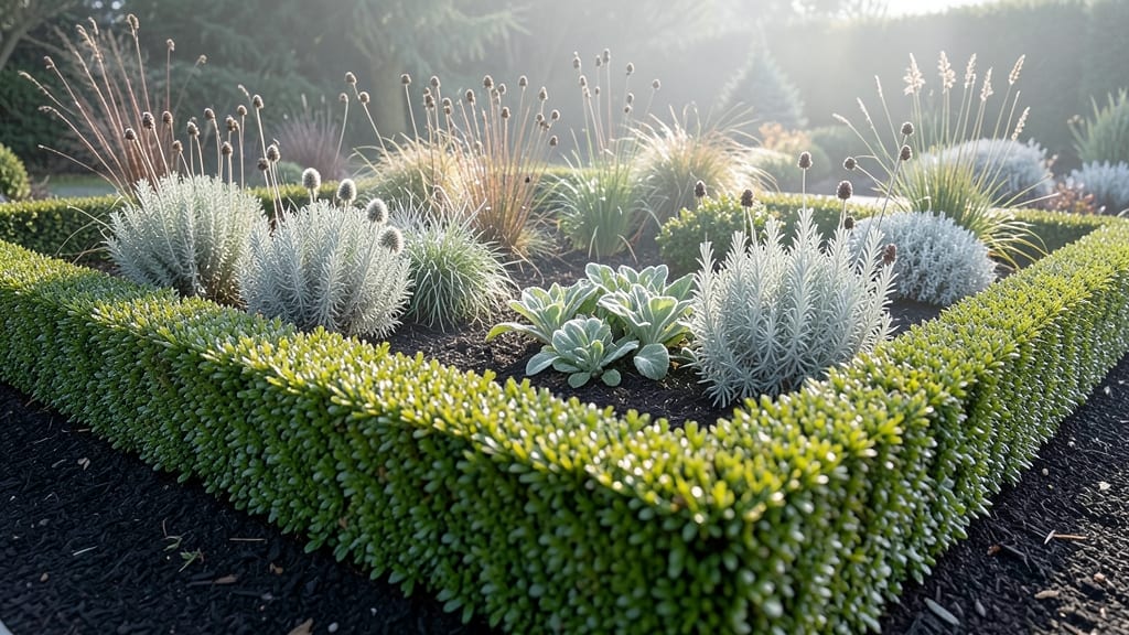 Evergreen Perennial Border With Boxwood Foundation
