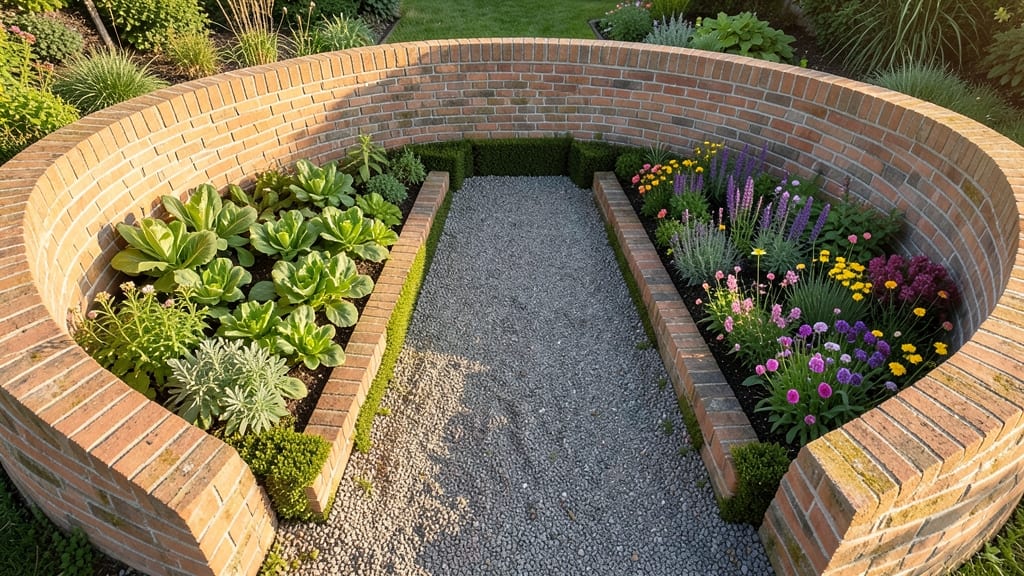 U-Shaped Brick Garden Bed with Central Pathway