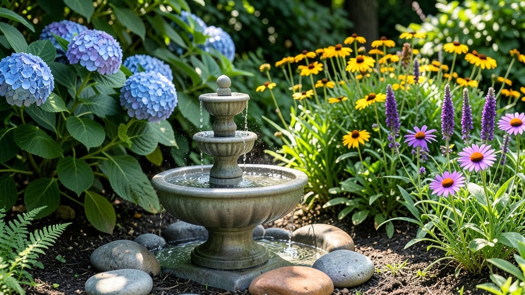 Flower Bed Water Fountain: Serene Hummingbird Haven With Drip Irrigation Magic