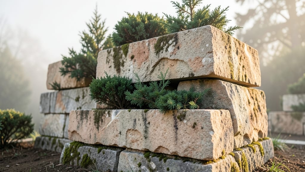 Stacked Stone Planters with Evergreen Shrubs