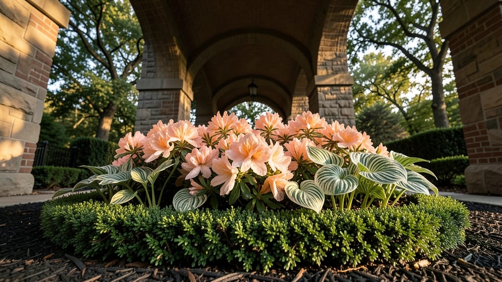 Peach Azaleas With Variegated Hostas