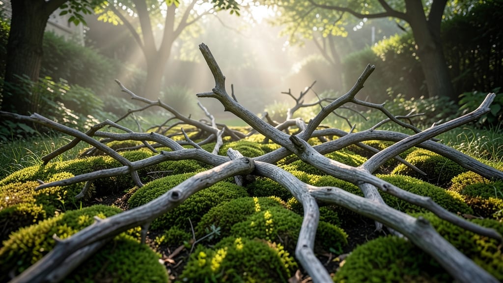 Asymmetrical Driftwood and Moss Garden Beds