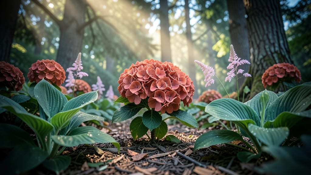Rust-Red Hydrangeas with Hostas and Astilbes