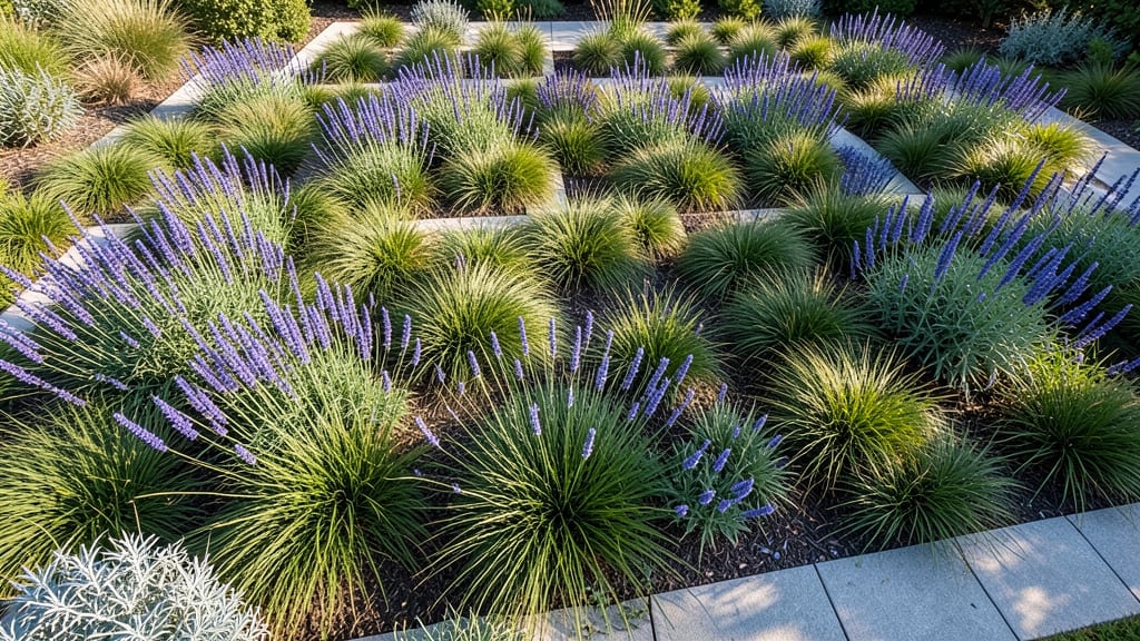 Modern Geometric Grid with Salvia and Ornamental Grasses