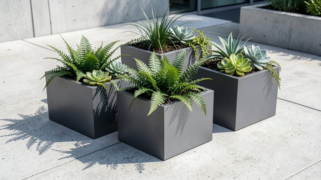 Modern Concrete Planters with Succulents and Ferns