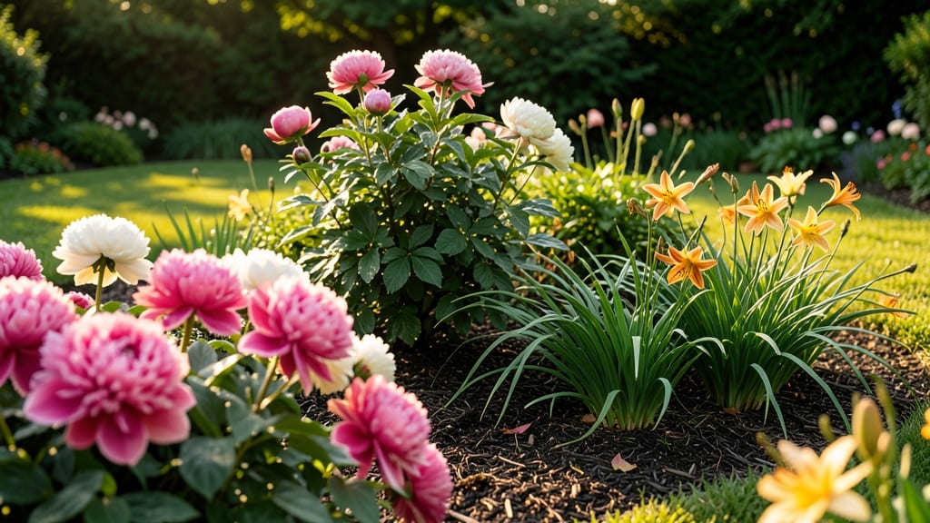 Classic Cottage Garden with Peonies and Daylilies