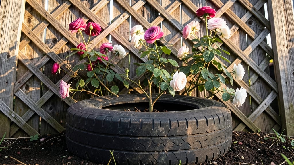 Tire Planter with Climbing Roses