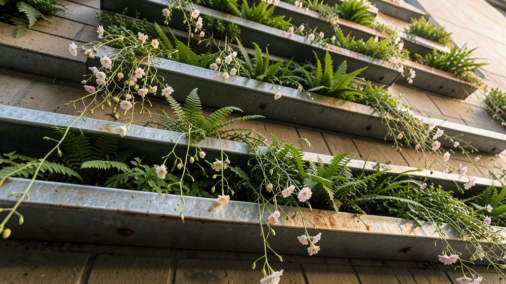 Layered Metal Troughs with Trailing Flowers and Ferns